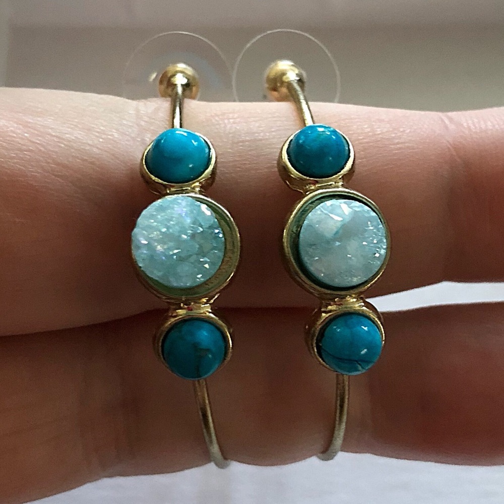M&M Aqua Druzy & Turquoise Hoops in Gold - Picture 5 of 5